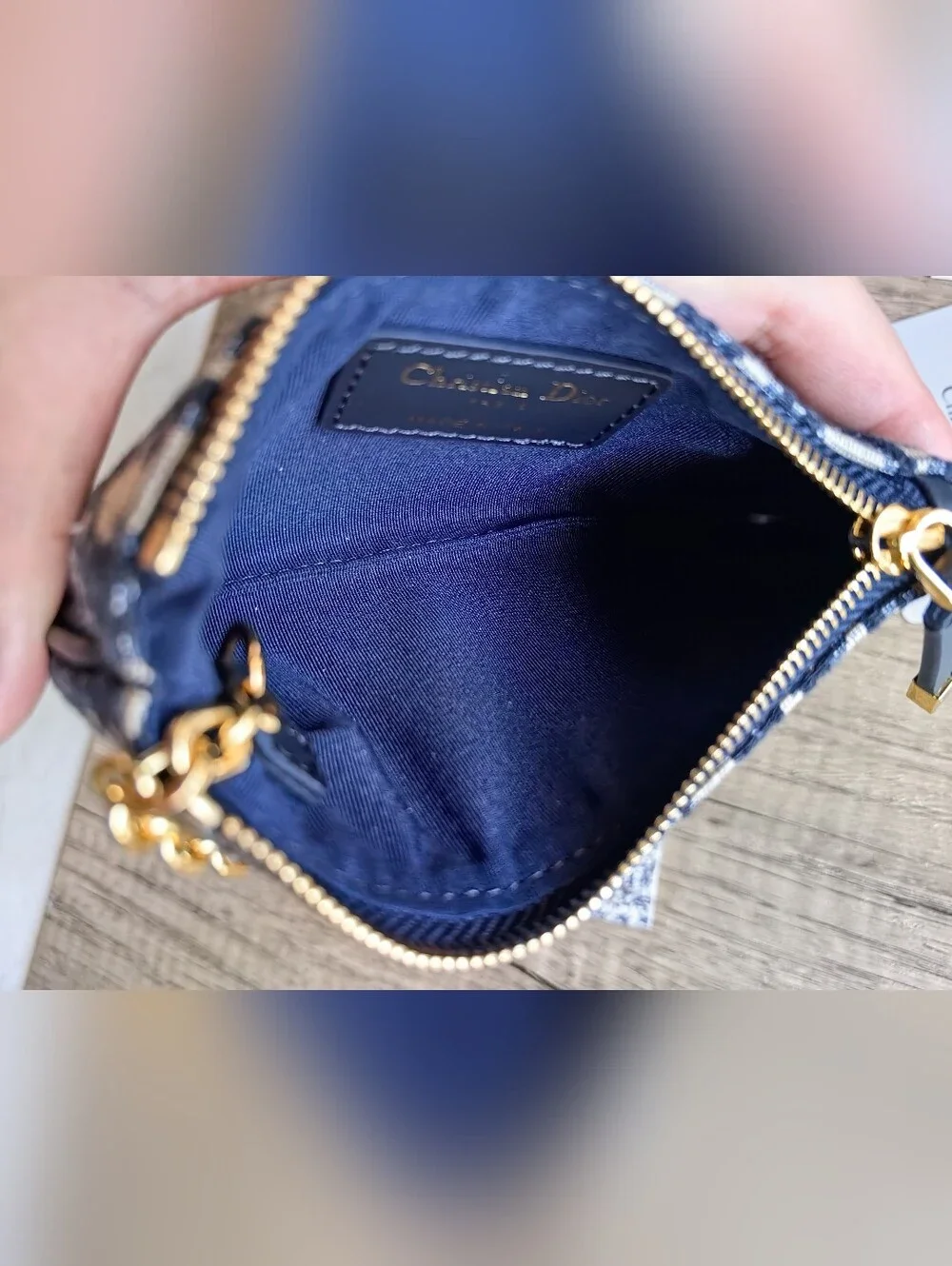 Dior Navy Blue and Cream Oblique Canvas Card Pouch with Gold Hardware